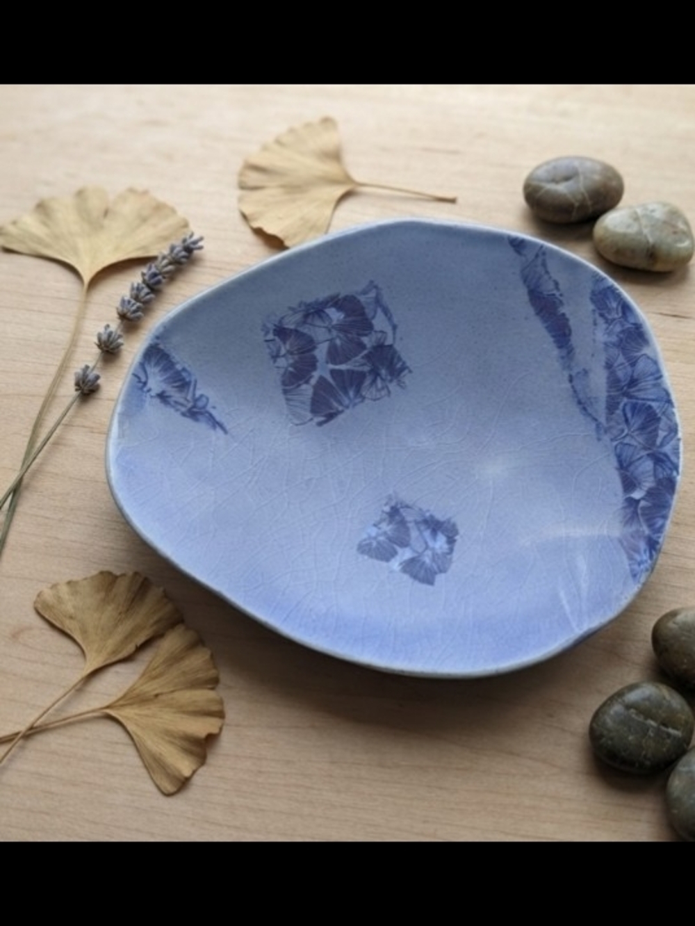 Handmade Ceramic Trinket Dish Blue Ginkgo Leaf Botanical Wabi-Sabi Ring Tray